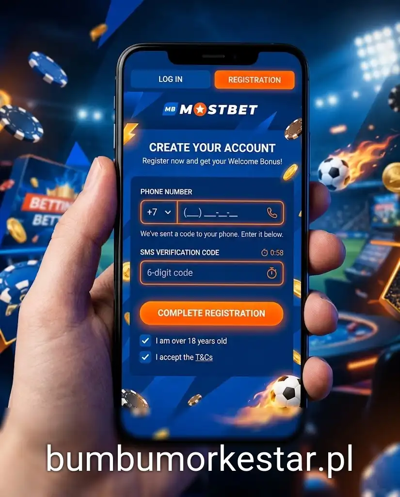 Formularz rejestracji Mostbet na ekranie telefonu z polem na numer telefonu